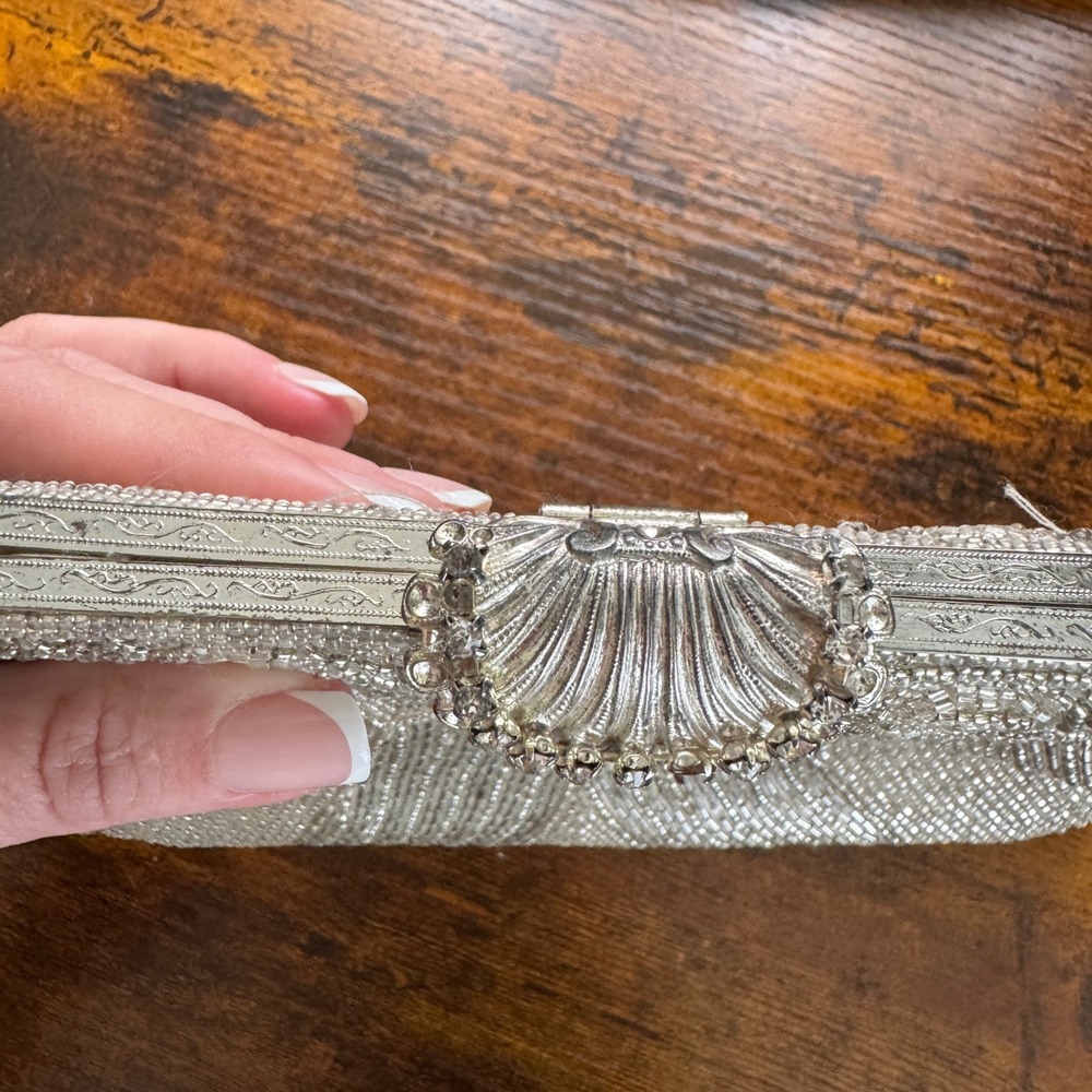 Walborg Vintage Silver Beaded Shell Clasp Evening Clutch Shoulder Bag Art Deco - Picture 2 of 7